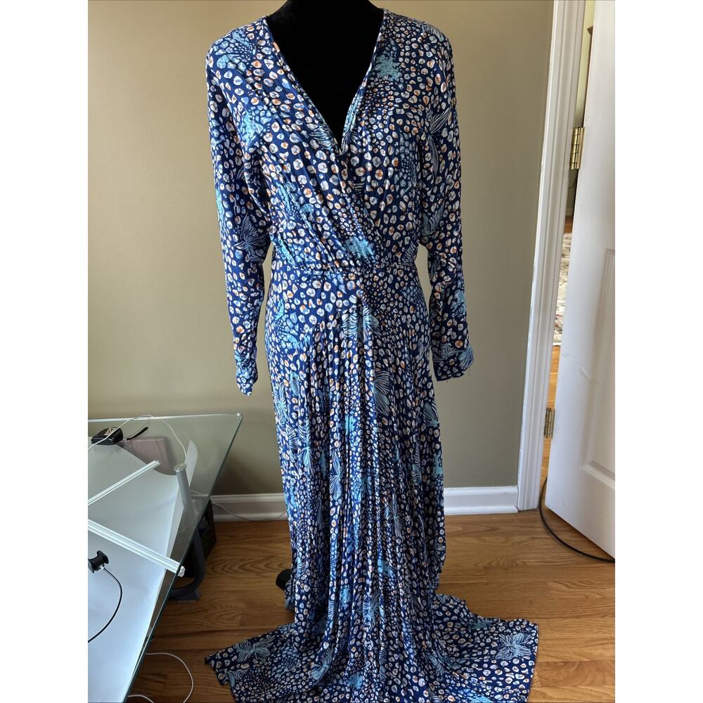 Poupette St Barth Flowy Floral Maxi Dress Blue Sz M Deep Slits LLona Long Sleeve